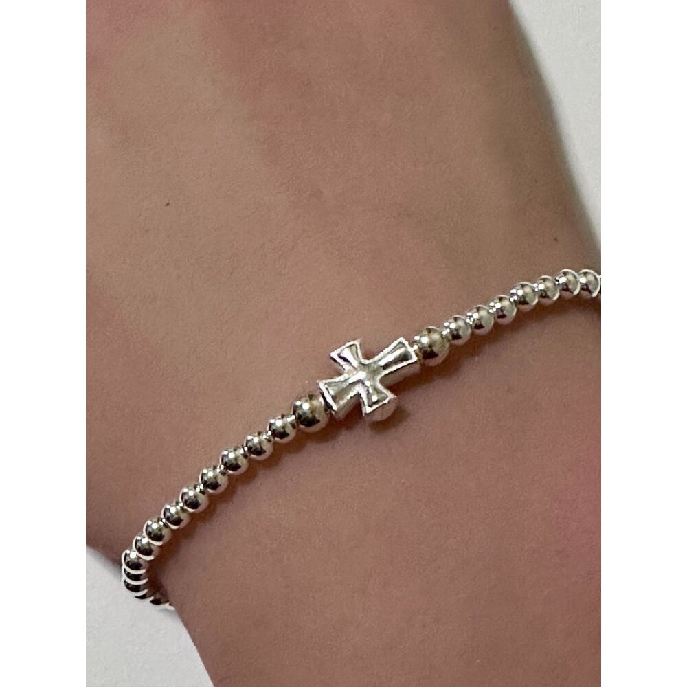 925 Sterling Silver Beaded Stretch Stacking Bracelet Minimalist Cross Religious - Picture 2 of 5